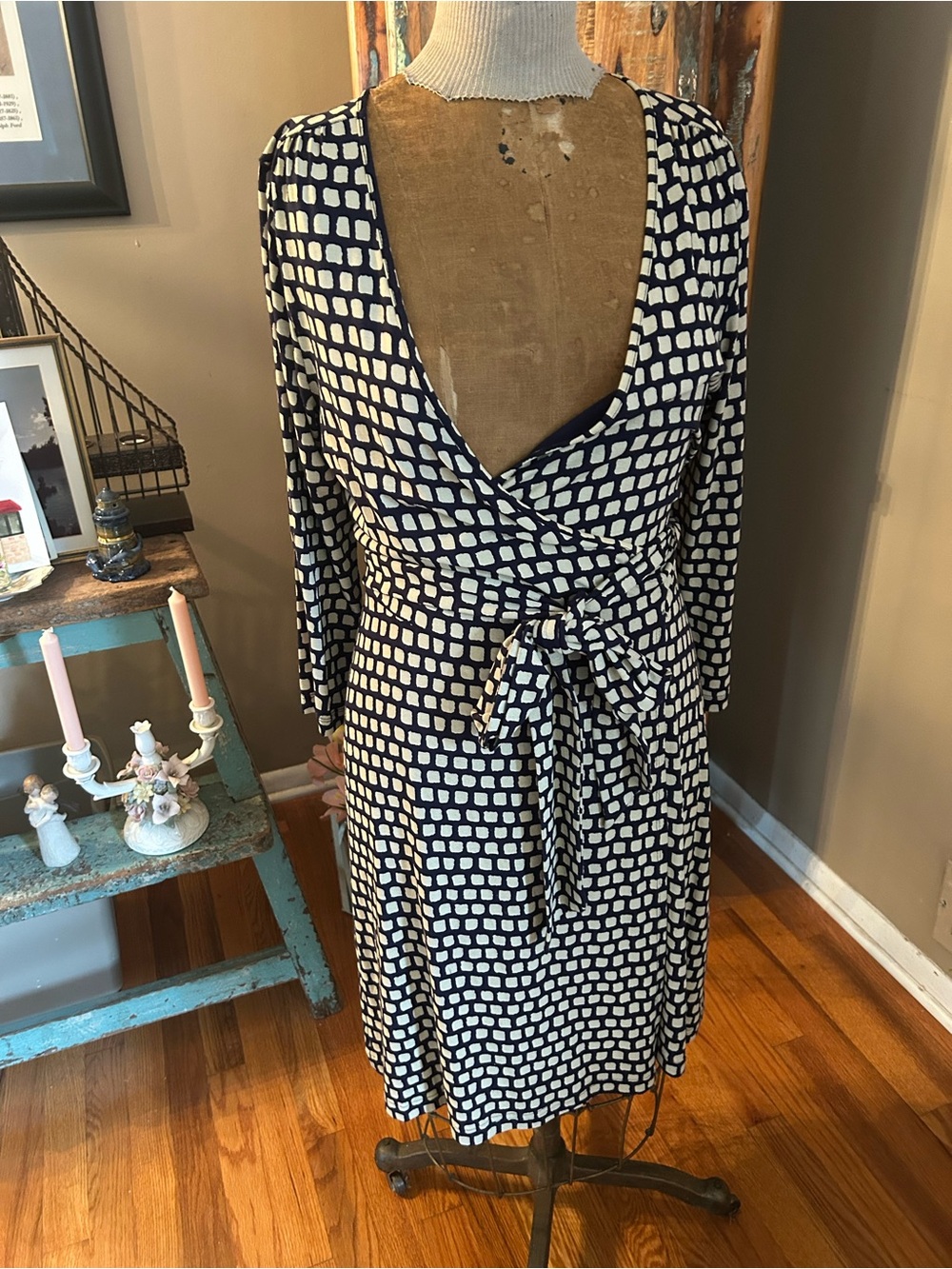 Banana Republic Navy Blue and Cream Wrap Dress with Geometric Print | Small